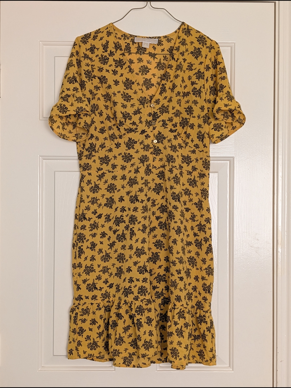 Michael Kohrs Mustard Yellow Floral V-Neck Ruffle Hem Dress